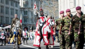 St George's Day parade through the streets of London. Make St George's Day a Bank Holiday